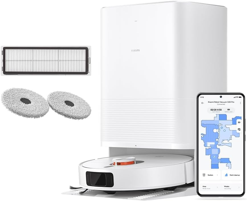 Xiaomi Robot Vacuum X20 Pro with 7000Pa Suction power, All-in-One Station, Auto Mop washing, Hot air drying, Auto dust collection, Carpet Detection, LDS Navigation, 160min Runtime, App & Voice Control